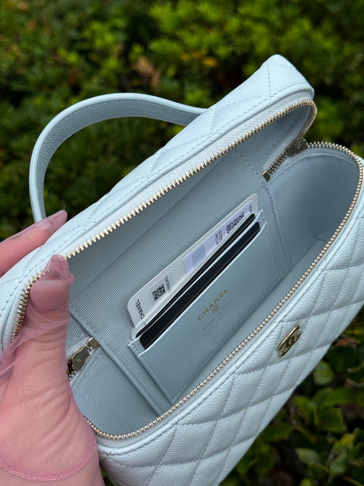 Chanel 25S Light Blue Caviar Slim Vanity Bag