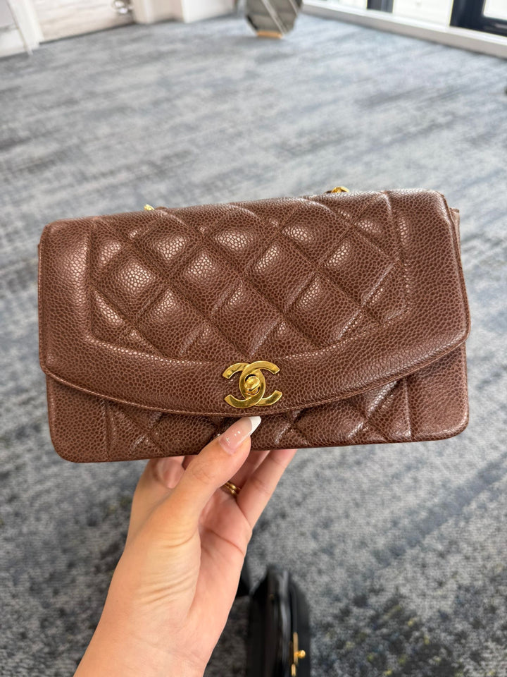 Chanel Small Diana Flap Bag Caviar Brown 24K Plated Gold Hardware 1994