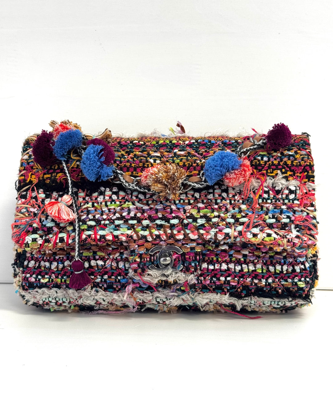 Chanel Medium Multicolor Tweed Pom Pom Flap