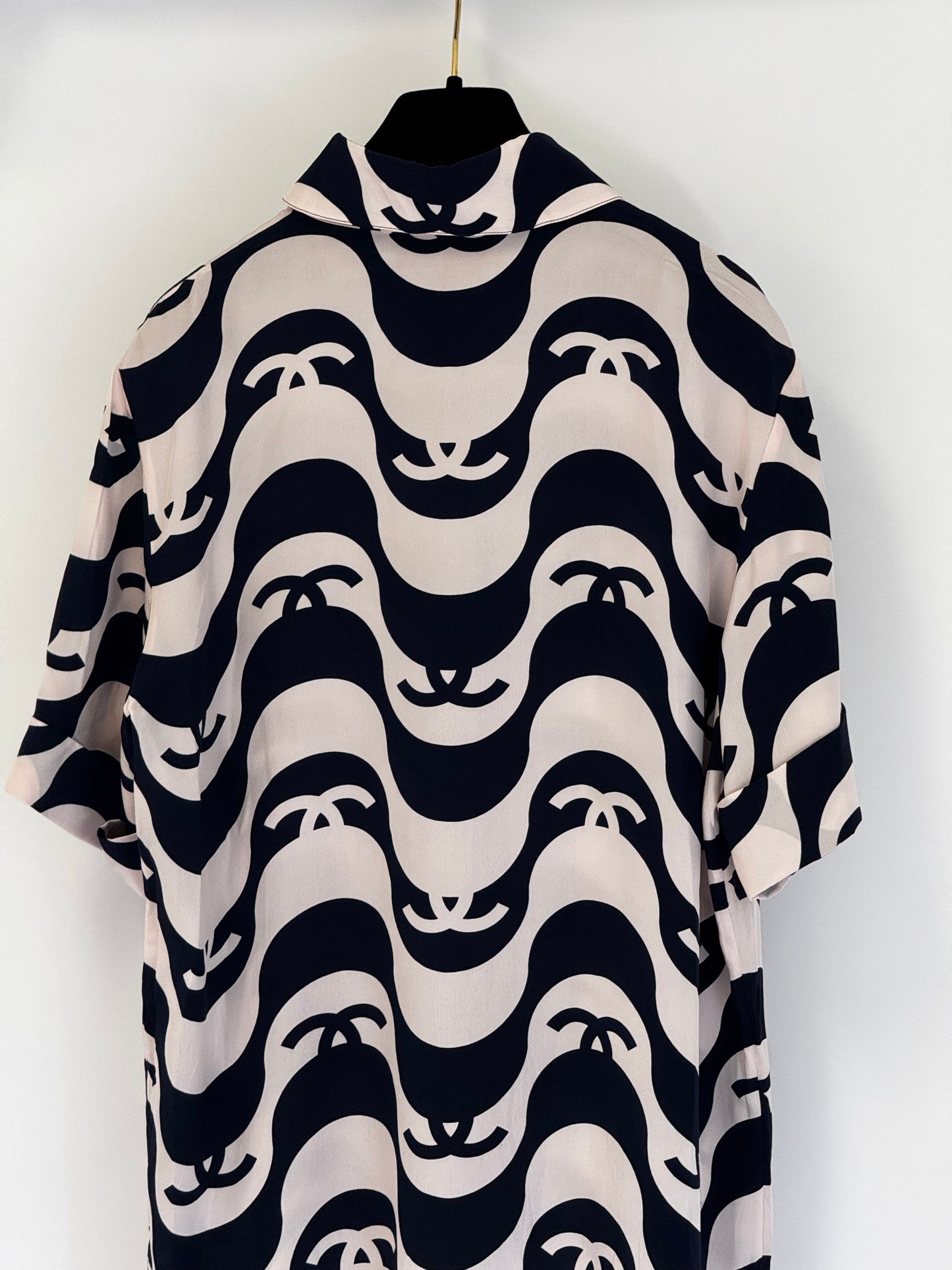Chanel 2021 Black & White Silk Wave Shirt & Pants Set