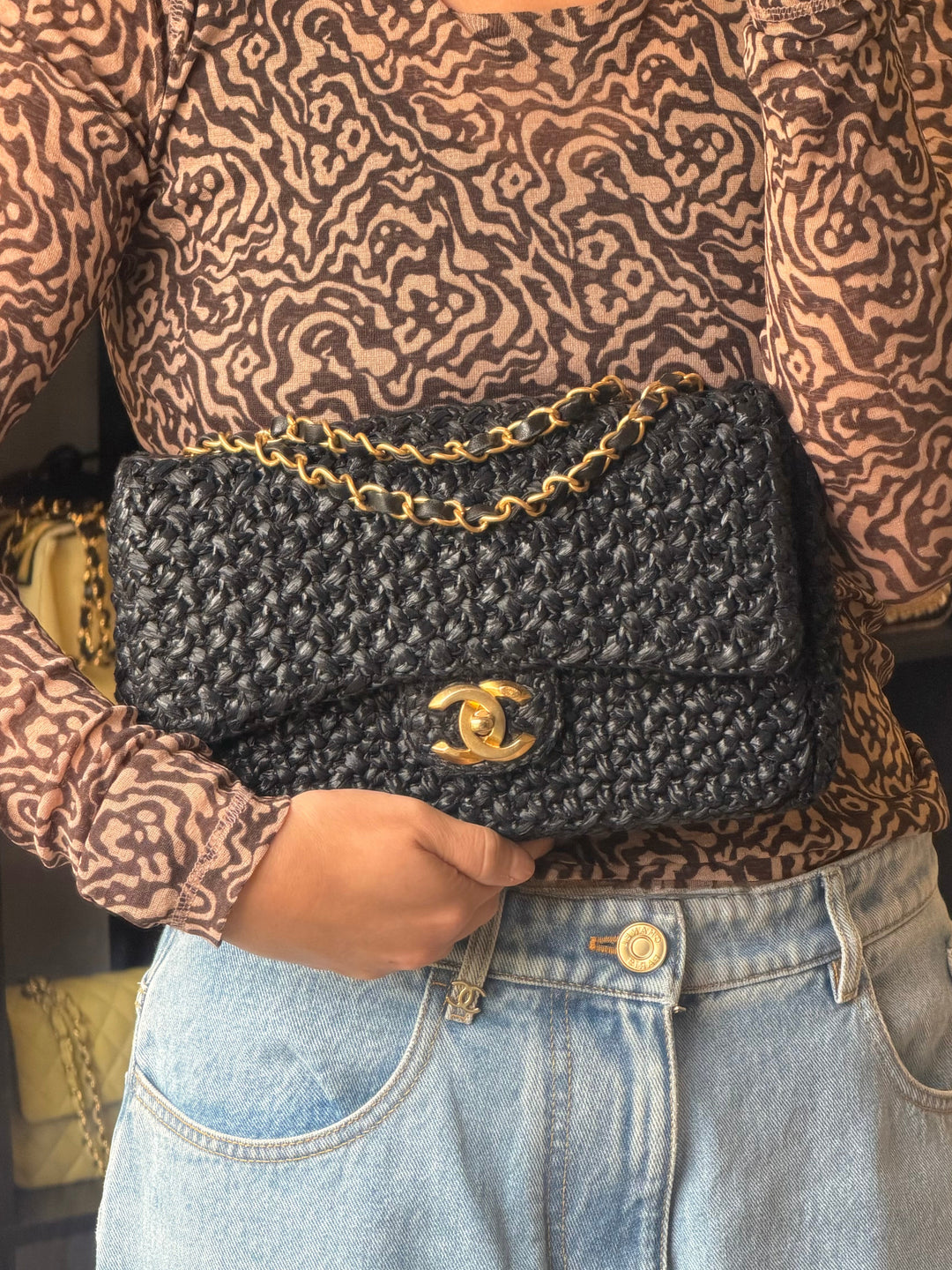 Chanel 18C Black Ancient Greece Raffia Crochet Flap Bag