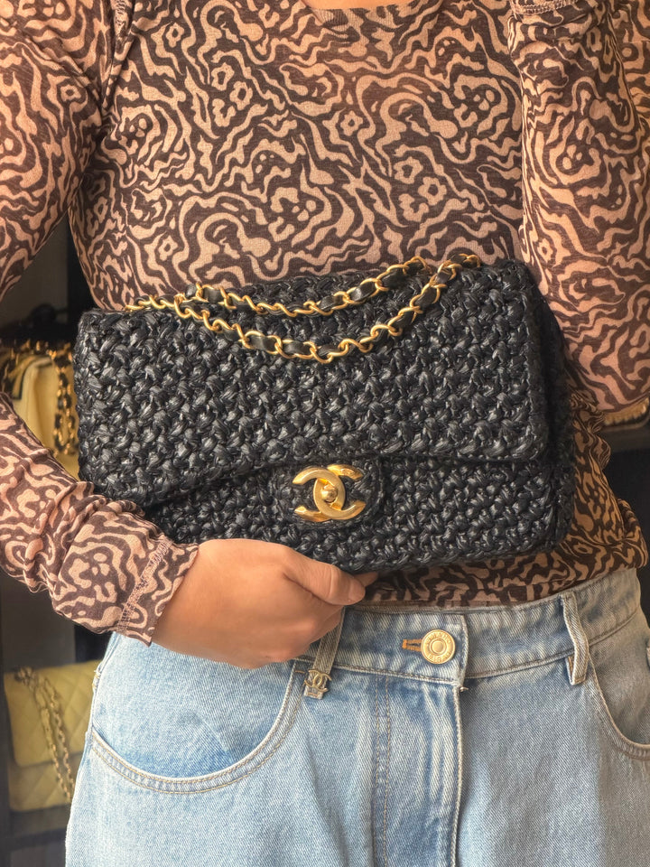 Chanel 18C Black Ancient Greece Raffia Crochet Flap Bag