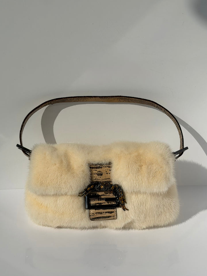 Fendi Crystal Embellished Baguette White Mink Fur Lizard Trim Gold Tone Hardware