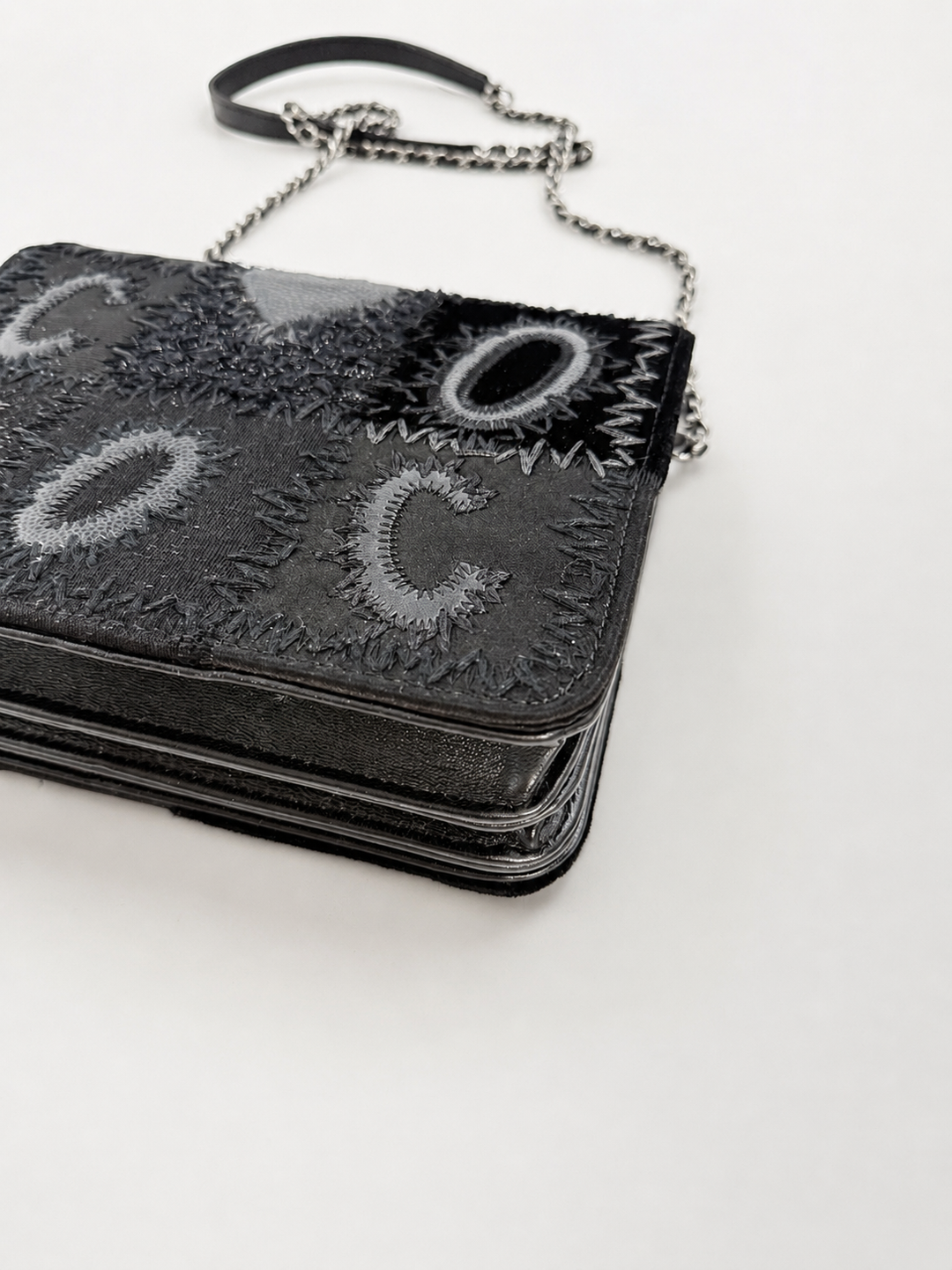 Chanel Black Mixed Media Patchwork Square Wallet on Chain Silver Hardware 2018