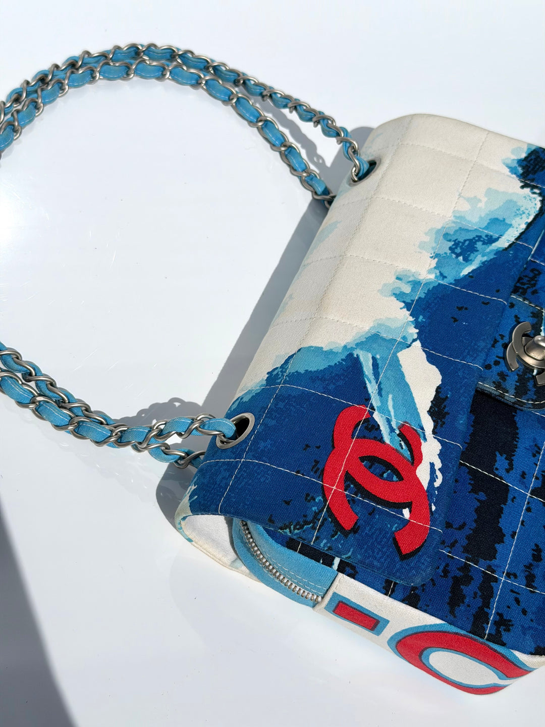 Chanel Surf Line Choco Bar Flap Blue Canvas Silver Hardware 2002 (Copy)