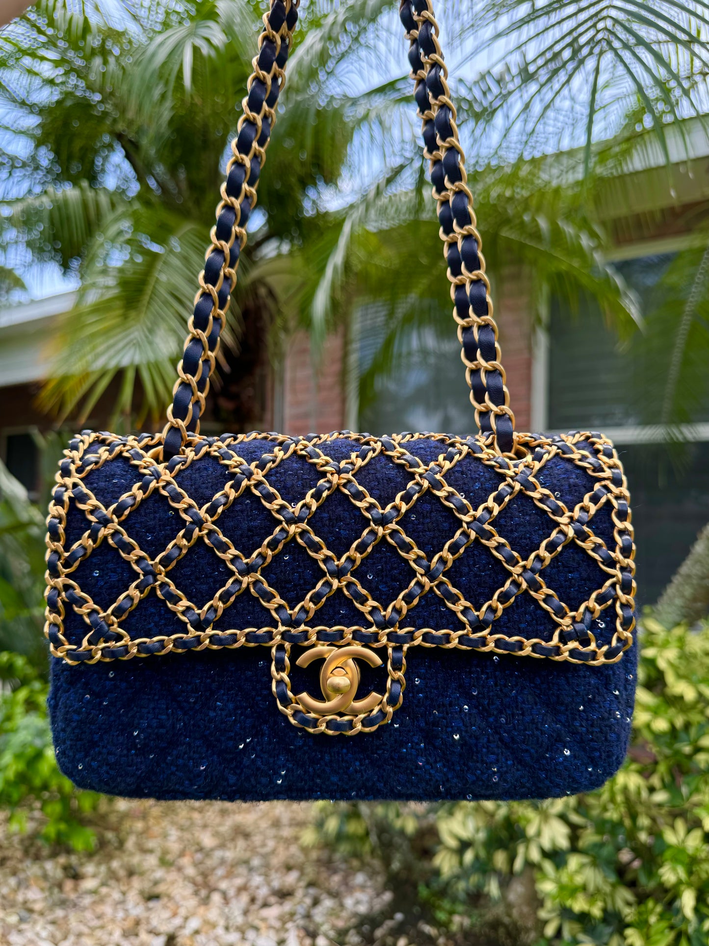 Chanel 2020 Small Woven Chain Blue Tweed Classic Flap