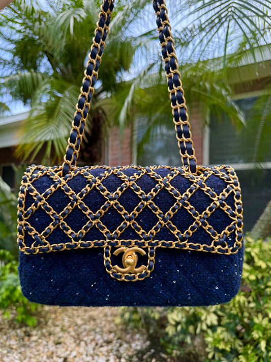 Chanel 2020 Small Woven Chain Blue Tweed Classic Flap