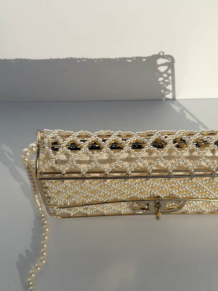 Chanel 2014 Pearl Embellished Caged Flap Minaudière Bag