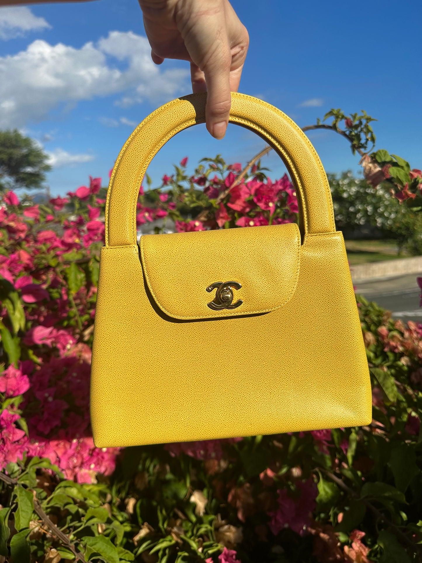 Chanel Vintage Medium Yellow Caviar Kelly Top Handle