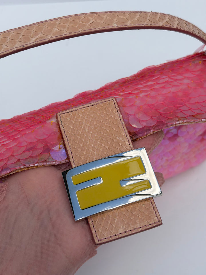Fendi Pink Sequin Baguette Python Trim Silver Hardware 1998