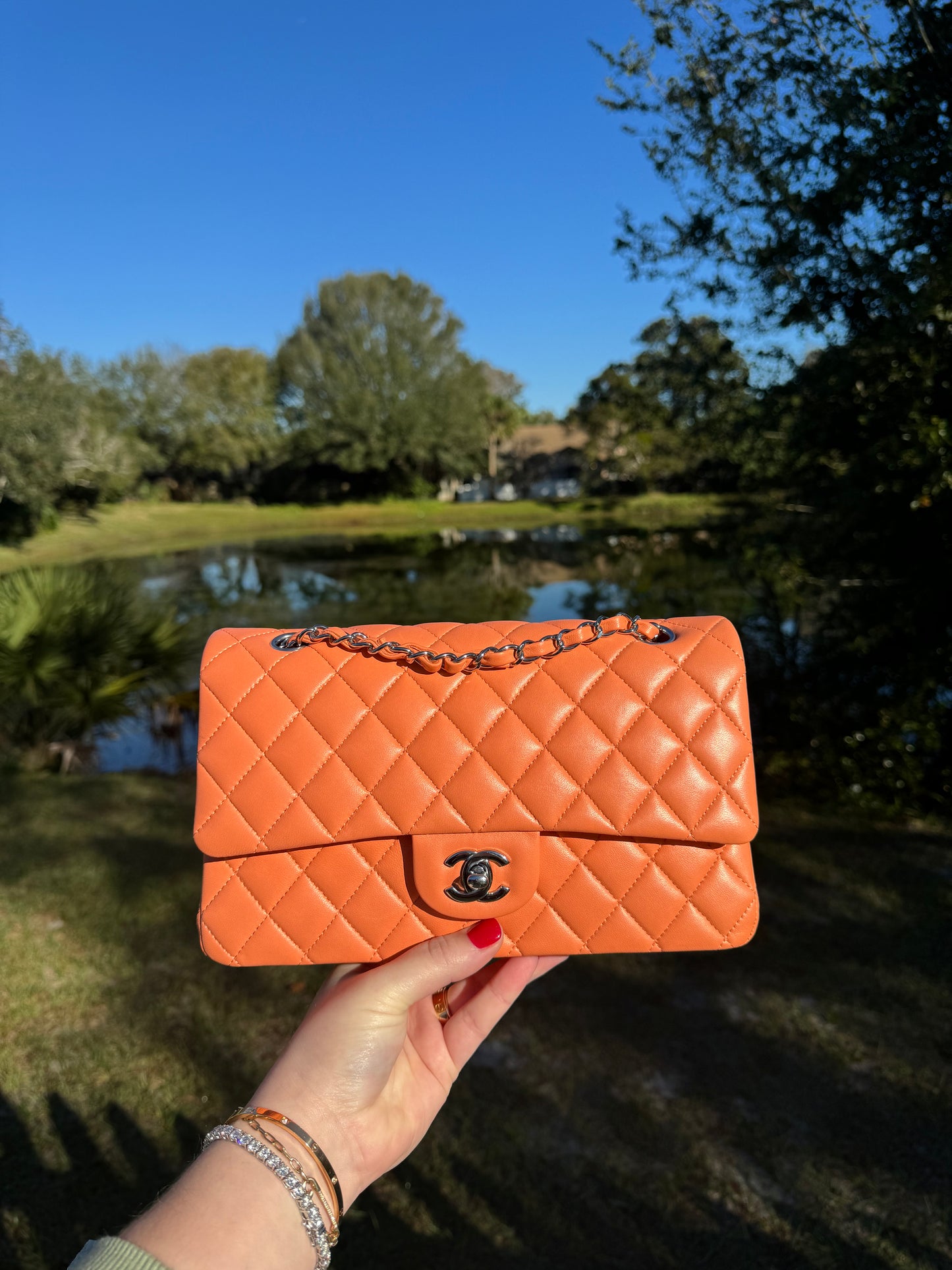 Chanel 21S Orange Neon Lambskin Medium Flap Bag