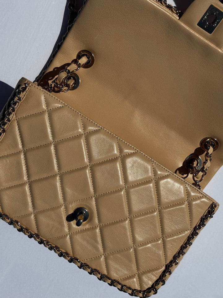 Chanel Beige Crumpled Calfskin Medium Chain All Over Flap Bag