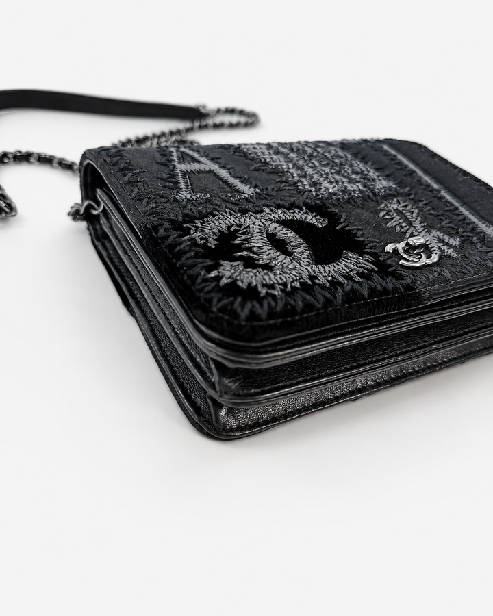 Chanel Black Mixed Media Patchwork Square Wallet on Chain Silver Hardware 2018