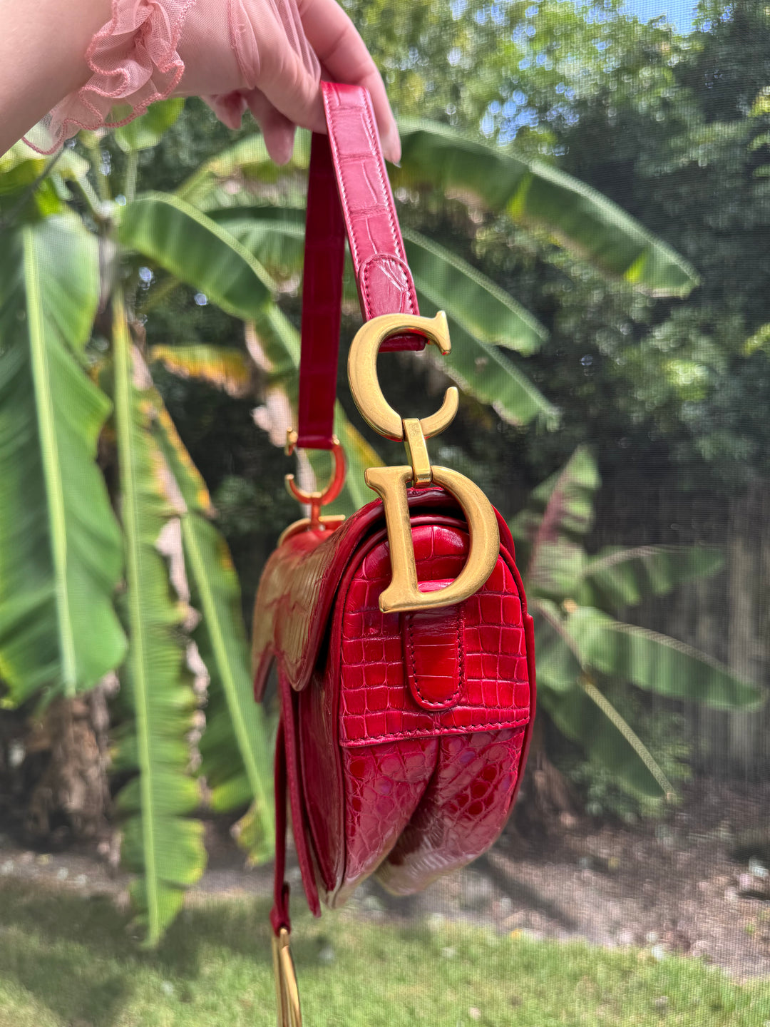 Christian Dior Medium Red Alligator Saddle