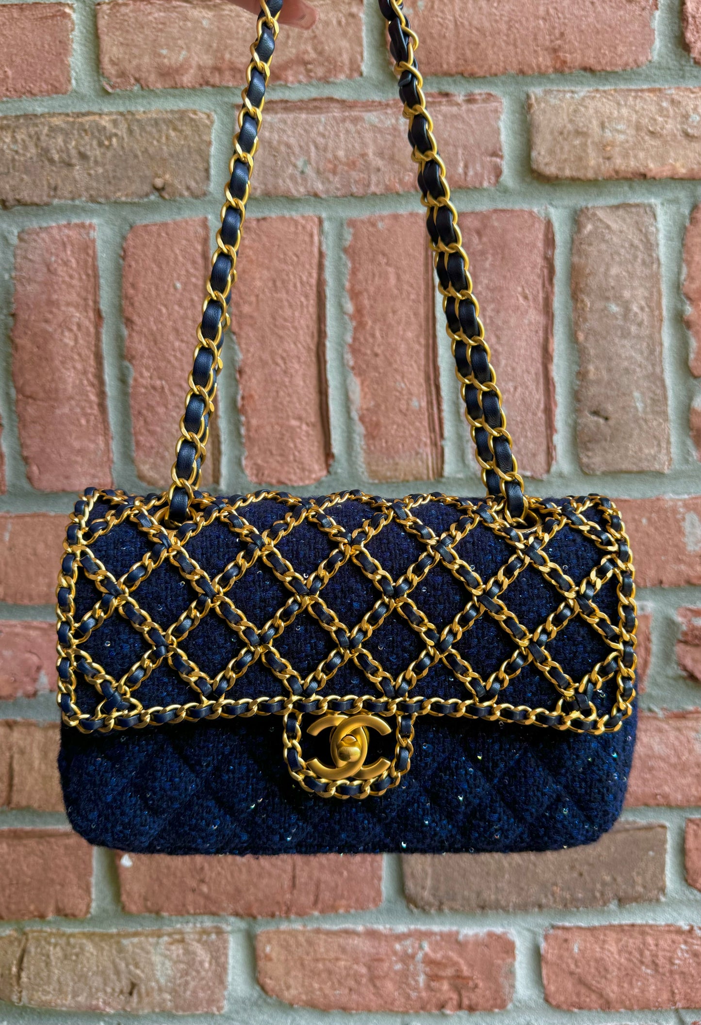 Chanel 2020 Small Woven Chain Blue Tweed Classic Flap