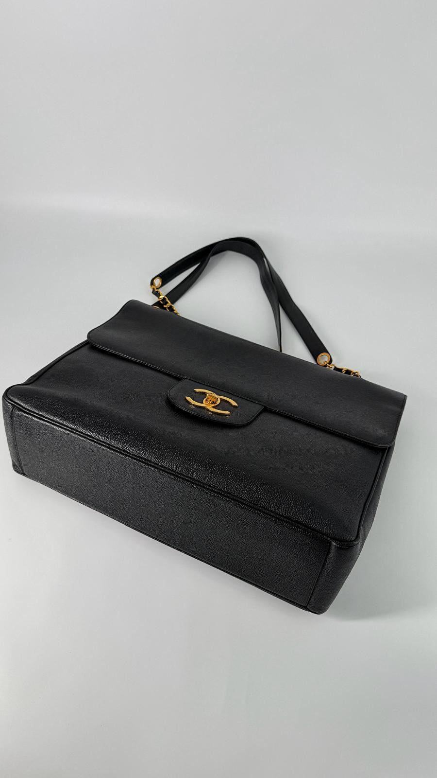 Chanel Vintage Caviar XXL Supermodel Flap Black 24K Gold Plated Hardware 1994