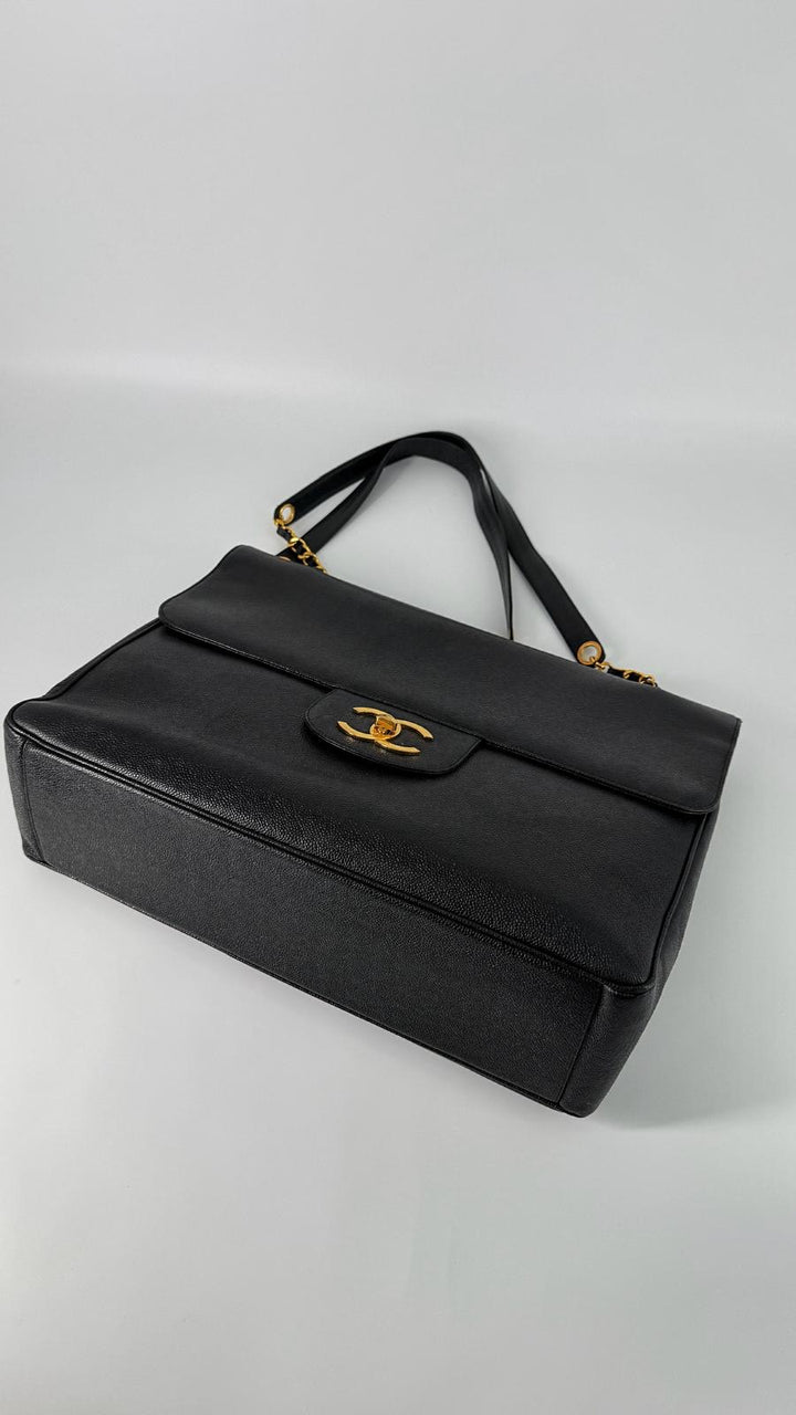 Chanel Vintage Caviar XXL Supermodel Flap Black 24K Gold Plated Hardware 1994