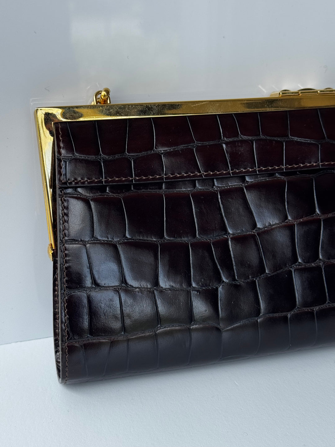 Celine Croc Embossed Brown Shoulder Clutch Bag