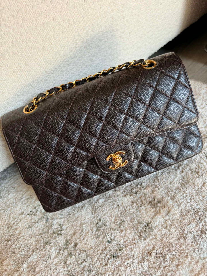 Chanel Medium Classic Flap Bag Caviar Brown 24K Plated Gold Hardware 2003
