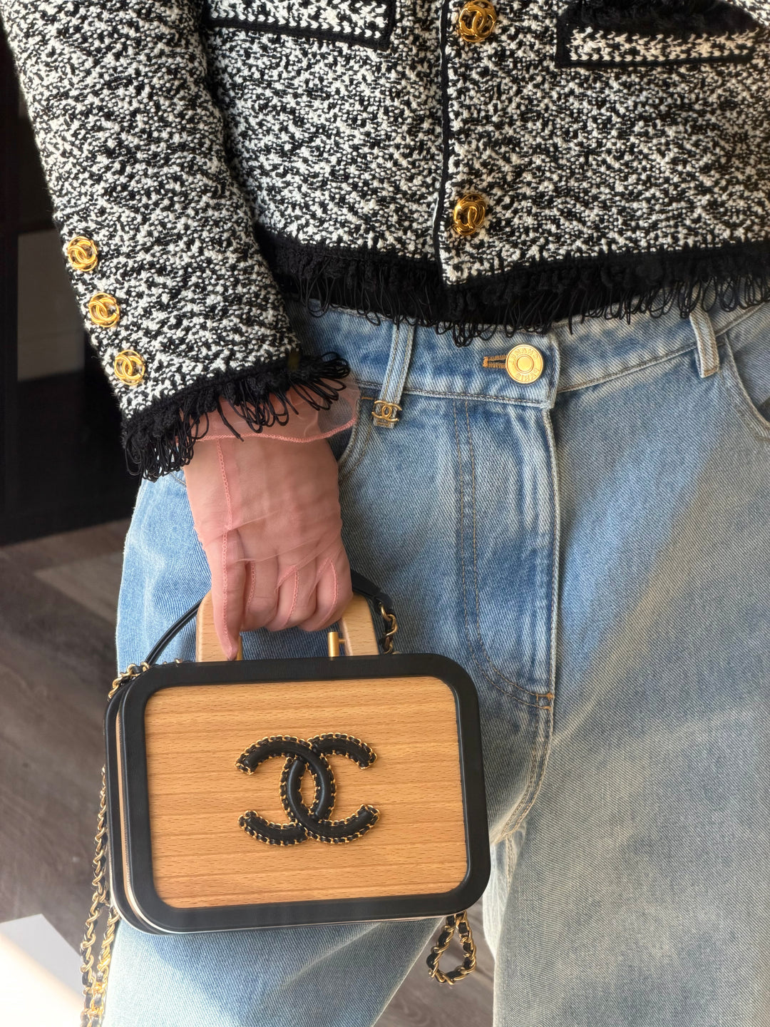 Chanel CC Square Vanity Case Beech Wood & Black Lambskin Brushed Gold Hardware 2022