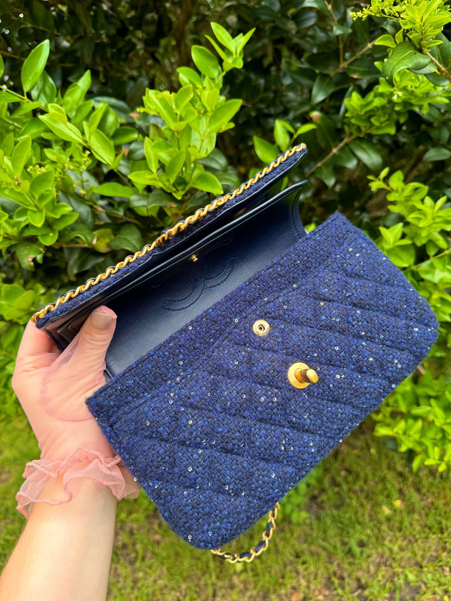 Chanel 2020 Small Woven Chain Blue Tweed Classic Flap