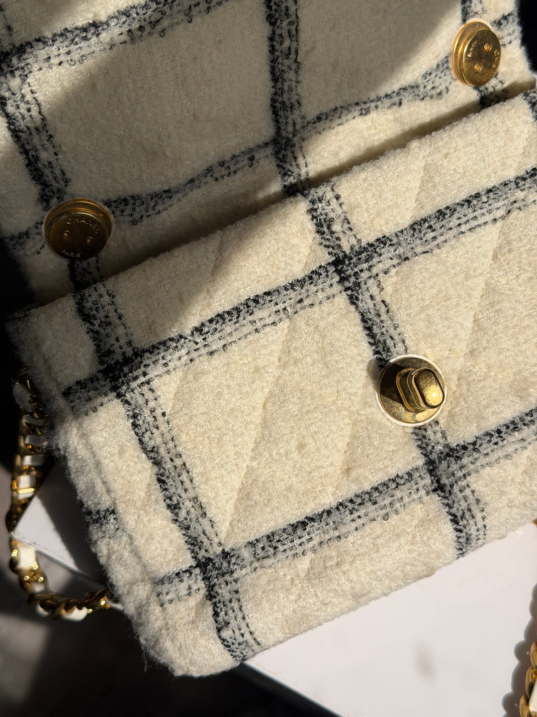 Chanel Small Elegant Chain Flap Wool Tweed White Black Gold Hardware 2022