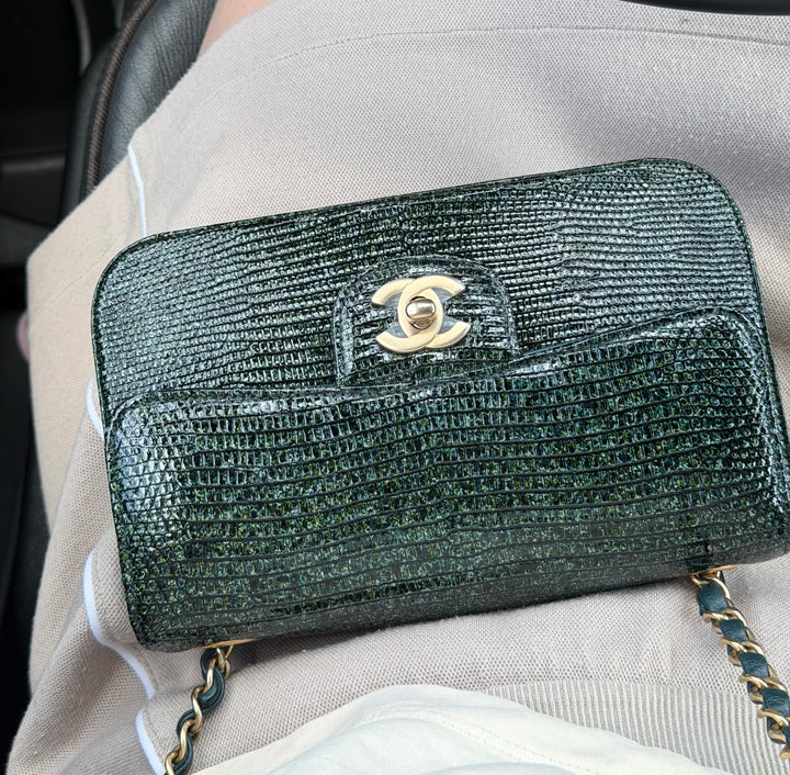Chanel Mini Flap Green Lizard Brushed Gold Hardware 2018