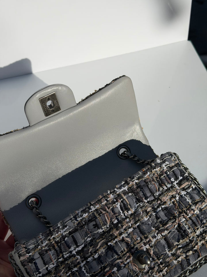 Chanel River of Pearls Mini Flap Quilted Tweed Grey Aged Silver Hardware