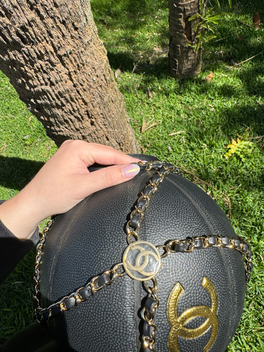 Chanel 2019 Black Rubber Basketball and Black Calfskin Net Chain