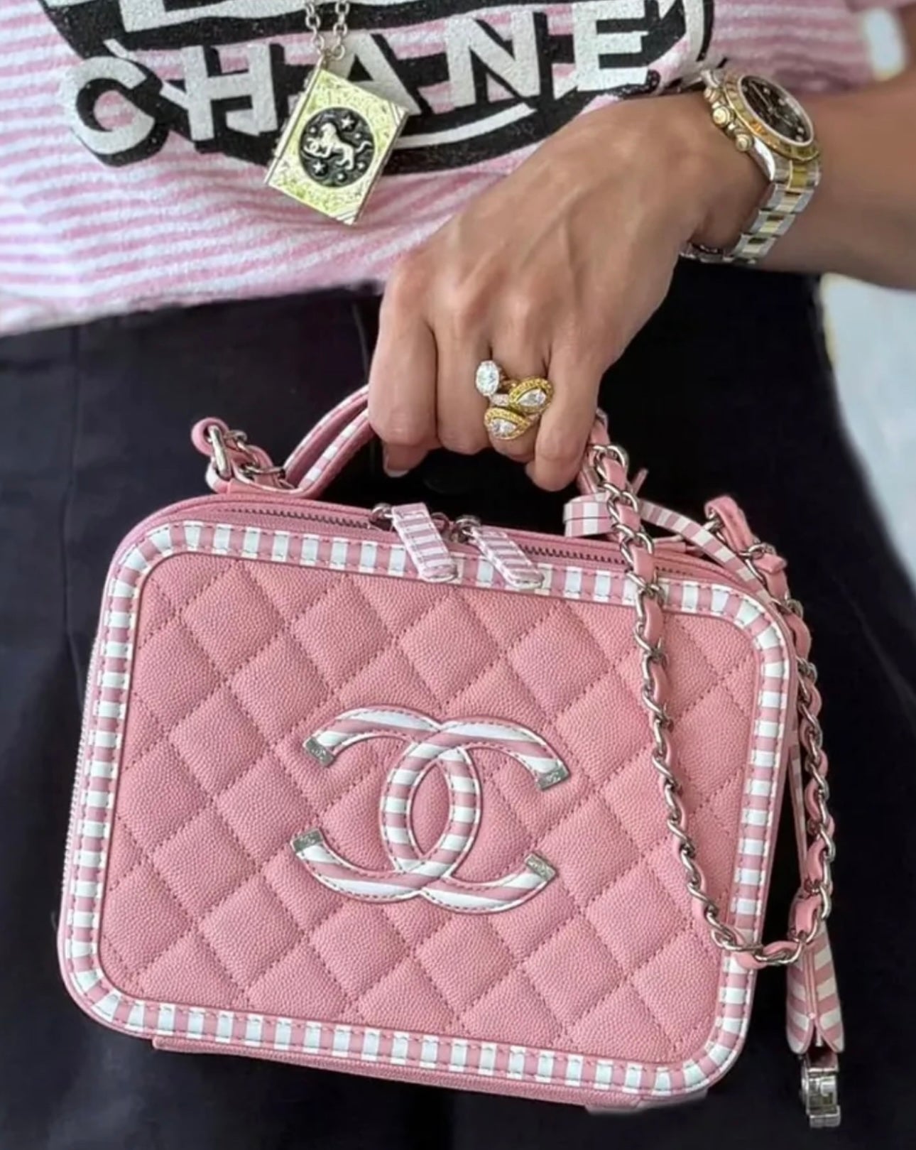 Chanel Medium Pink Caviar Striped Vanity Case