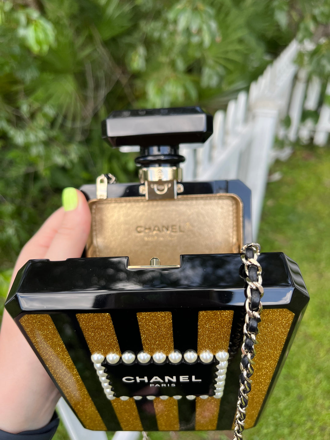 Chanel Perfume Bottle Minaudiere Pearl Embellished Plexiglass