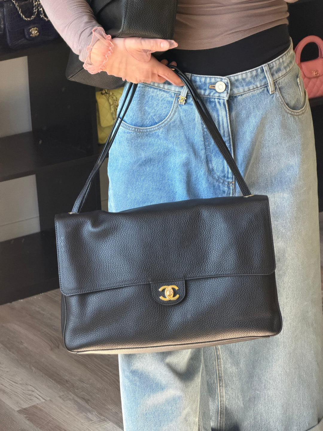 Chanel Maxi 38 Flap Bag Black Souplissimo Grained Calfskin Gold Tone Hardware 2026