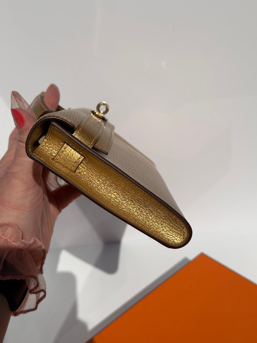 Hermes Kelly Cut Gold Metallic Chevre Dore