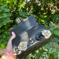 Chanel Metallic Gold And Black Lambskin Camellia Rose Appliqué Mini Rectangle Flap