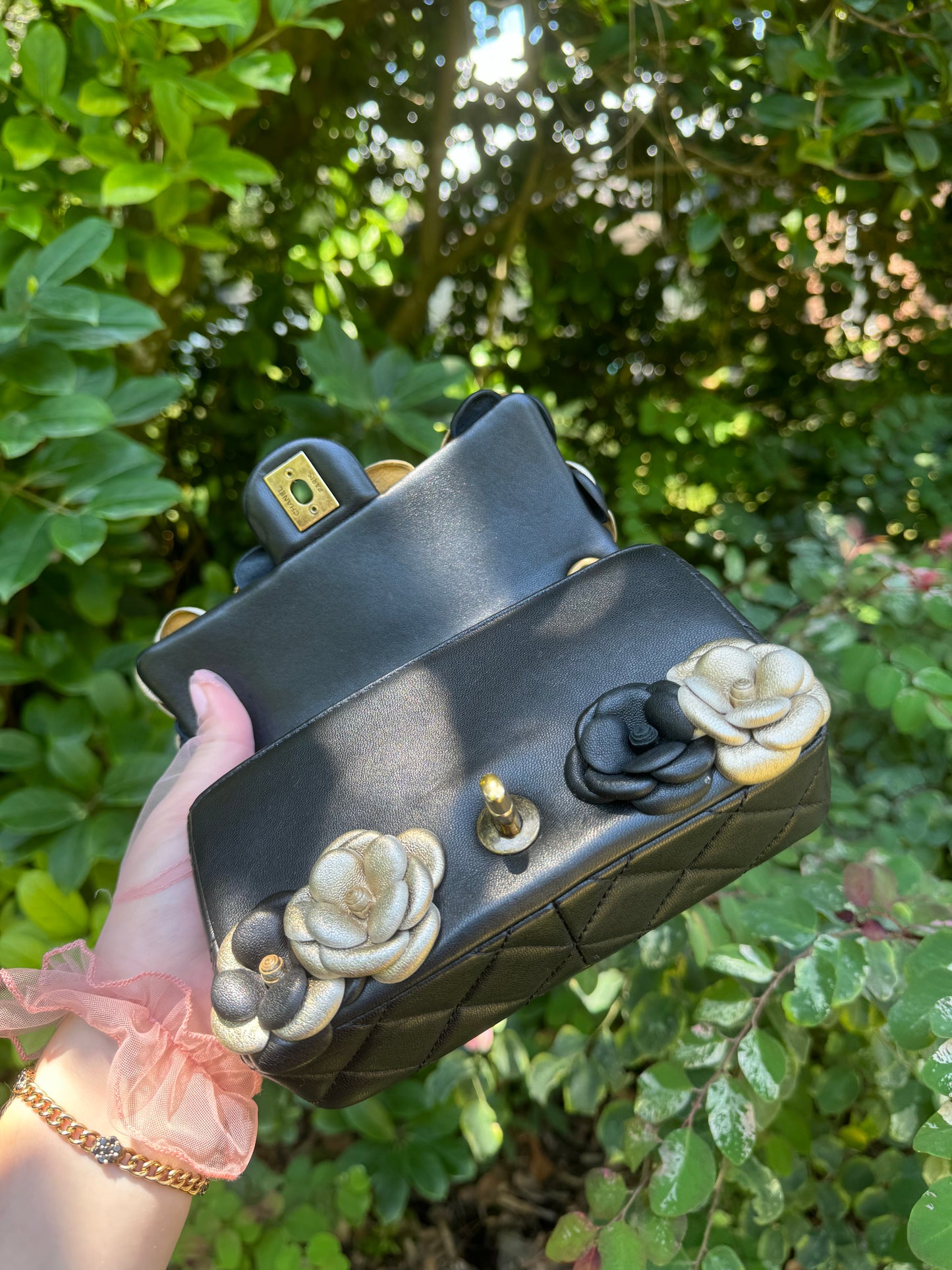 Chanel Metallic Gold And Black Lambskin Camellia Rose Appliqué Mini Rectangle Flap