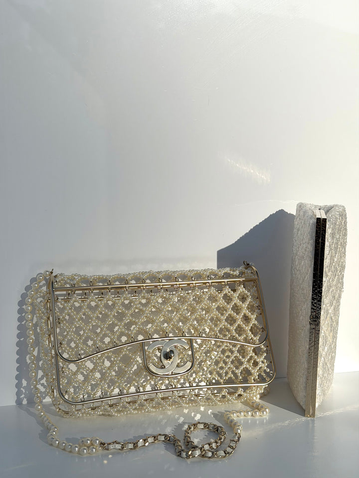 Chanel 2014 Pearl Embellished Caged Flap Minaudière Bag