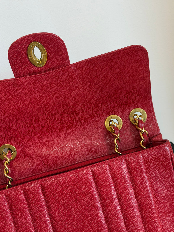 Chanel Vertical Flap Jumbo Red Caviar 24K Gold Plated Hardware 1994