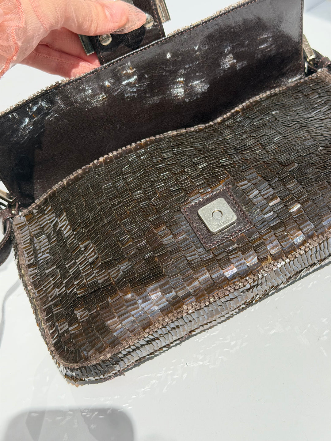Fendi Brown Sequin Zucca FF Baguette Silver Hardware