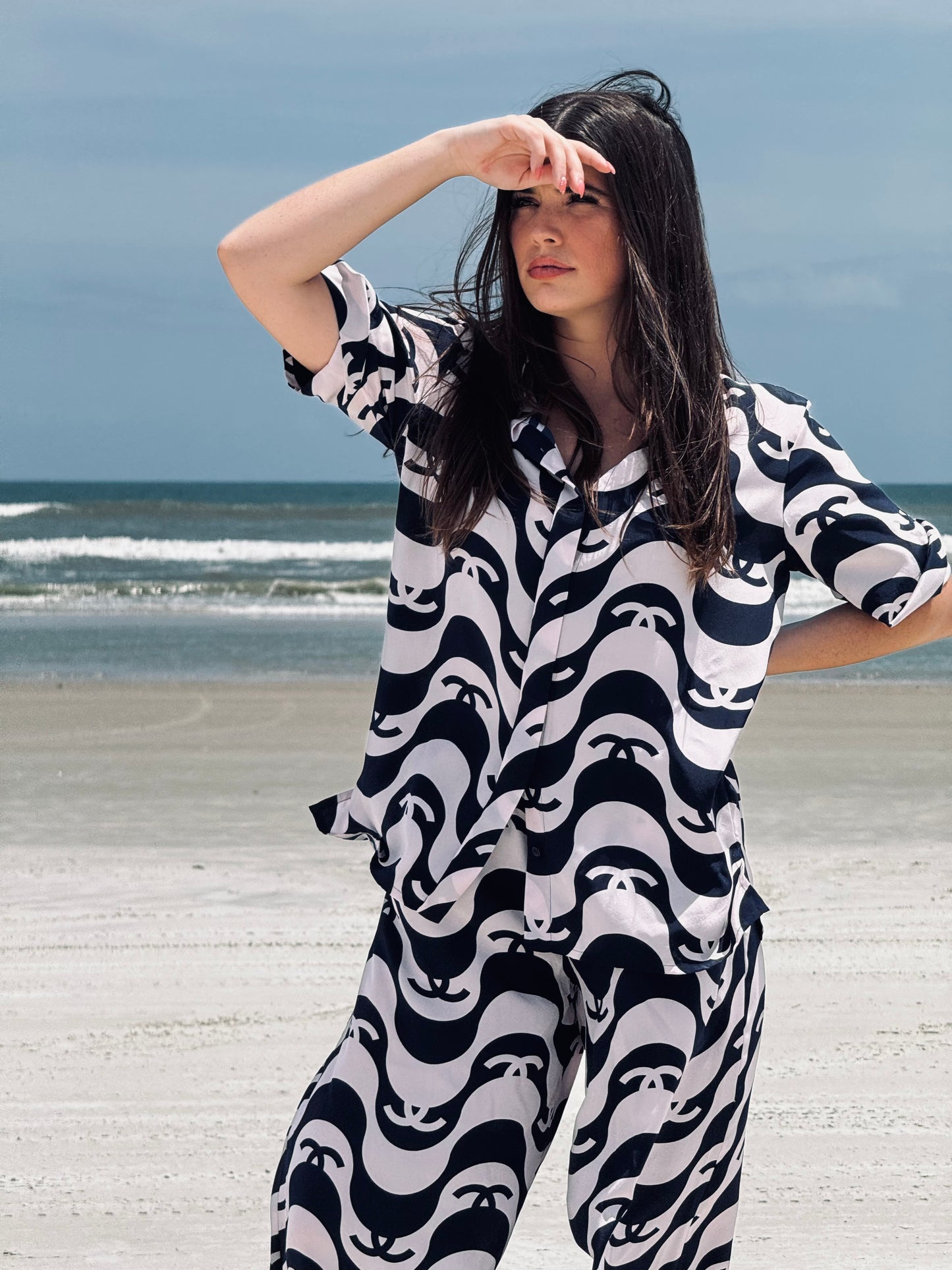 Chanel 2021 Black & White Silk Wave Shirt & Pants Set