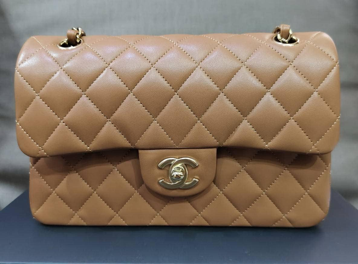 Chanel 22S Small Caramel Lambskin Classic Flap Bag + LGHW