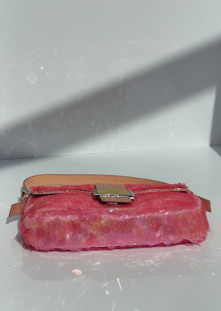 Fendi Pink Sequin Baguette Python Trim Silver Hardware 1998