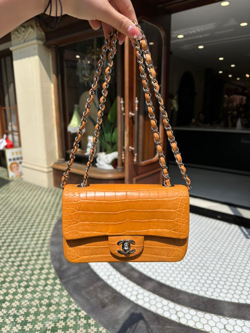 Chanel Orange Matte Croc Mini Flap Silver Hardware 2014