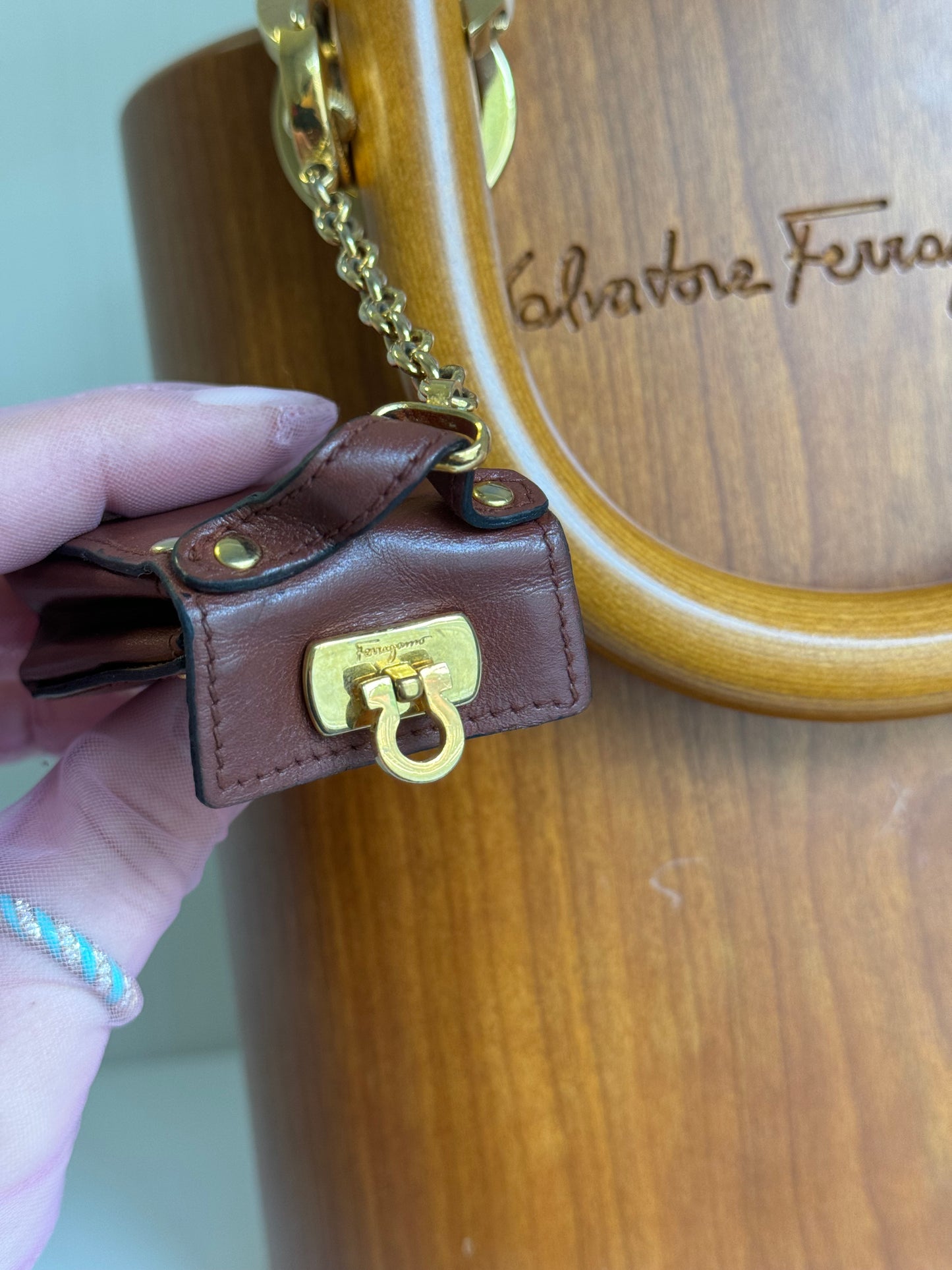 Salvatore Ferragamo Vintage Gancini Wooden Bucket Bag + Coin Pouch