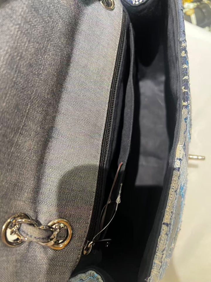 Chanel Jumbo Single Flap Patchwork Denim Blue Tweed Textile Leather Silver Hardware 2015