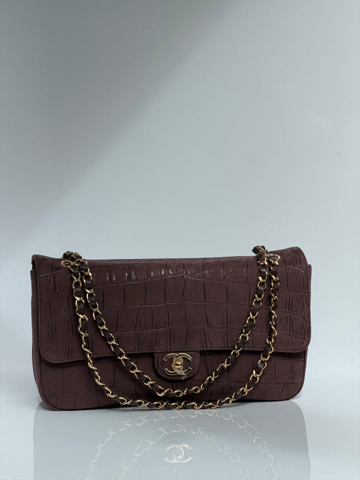 Chanel Maxi Flap Bag Brown Croc-Embossed Suede Calfskin Gold Tone Hardware 2026