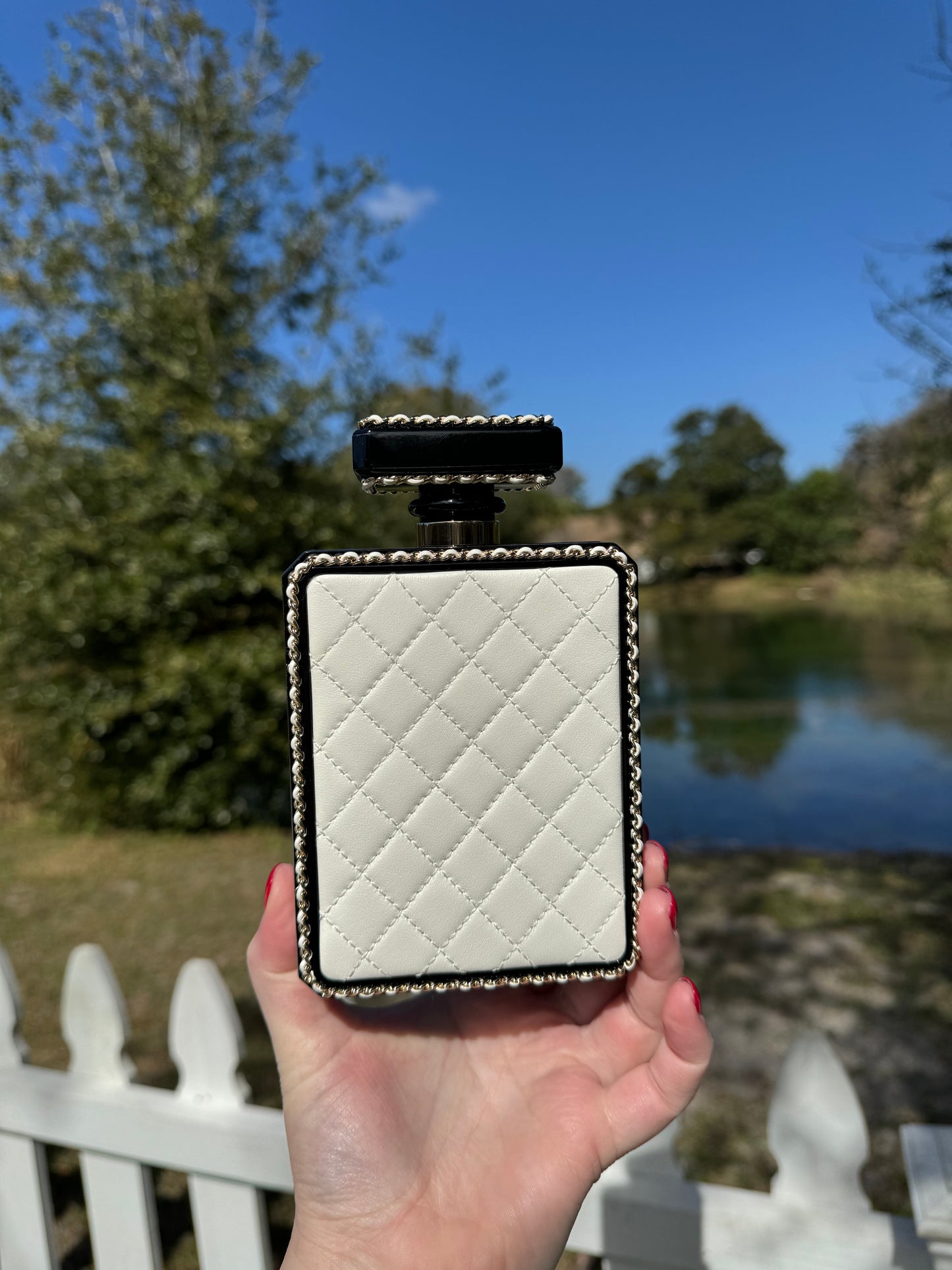 Chanel Black Quilted Leather and White Perspex Perfume Bottle Minaudiere