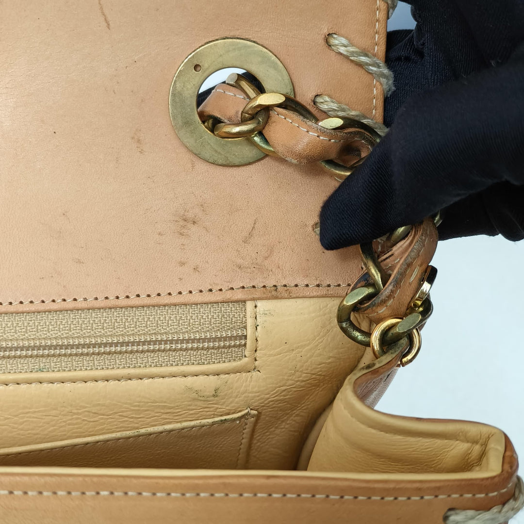 Chanel Maxi Classic Flap Bag Tan Debossed Logo Calfskin Whipstitched Gold Hardware 1994