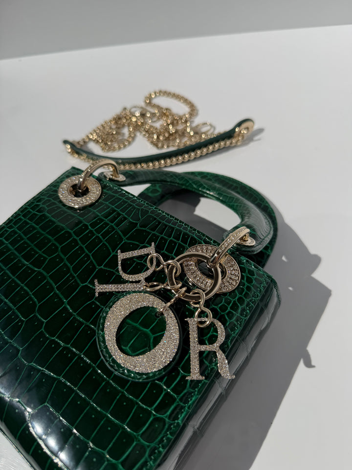 Dior Emerald Crocodile Mini Lady Dior Top Handle Diamond Gold Hardware 2022