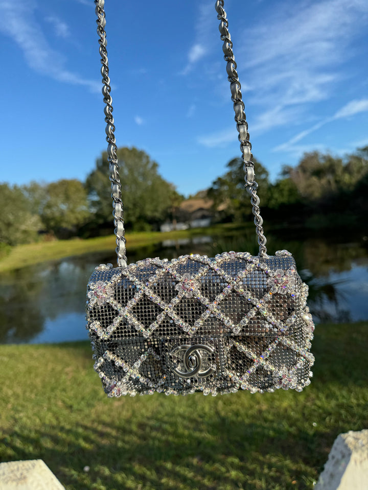 Chanel Silver Crystal Embellished Mini Flap