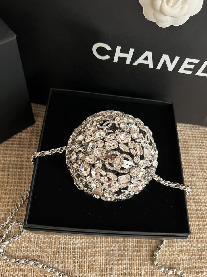 Chanel Sphere Minaudière Clutch Silver Metal & Strass Crystals Silver-Tone Hardware 2025